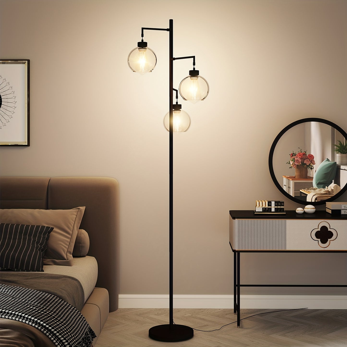 Elegant metal Floor Lamp with Warm Glass Pendant