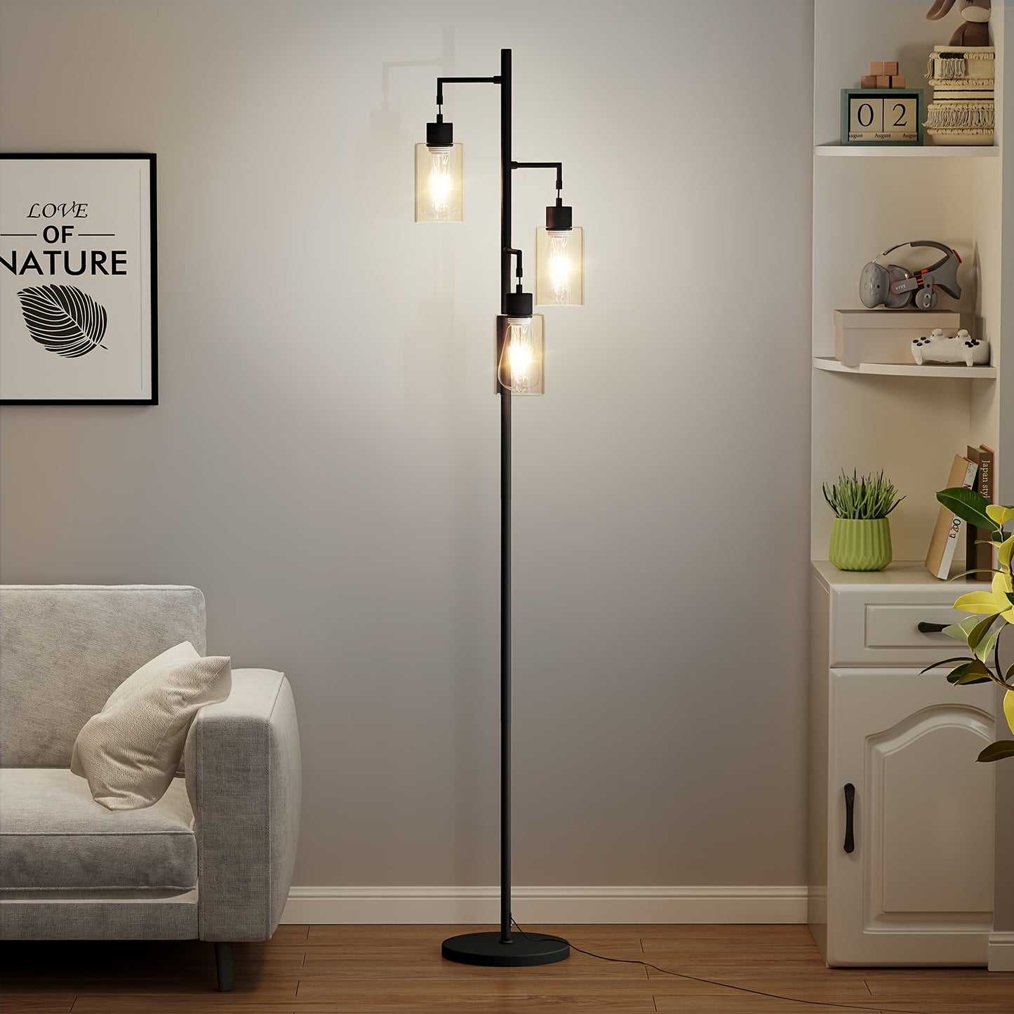 Elegant metal Floor Lamp with Warm Glass Pendant
