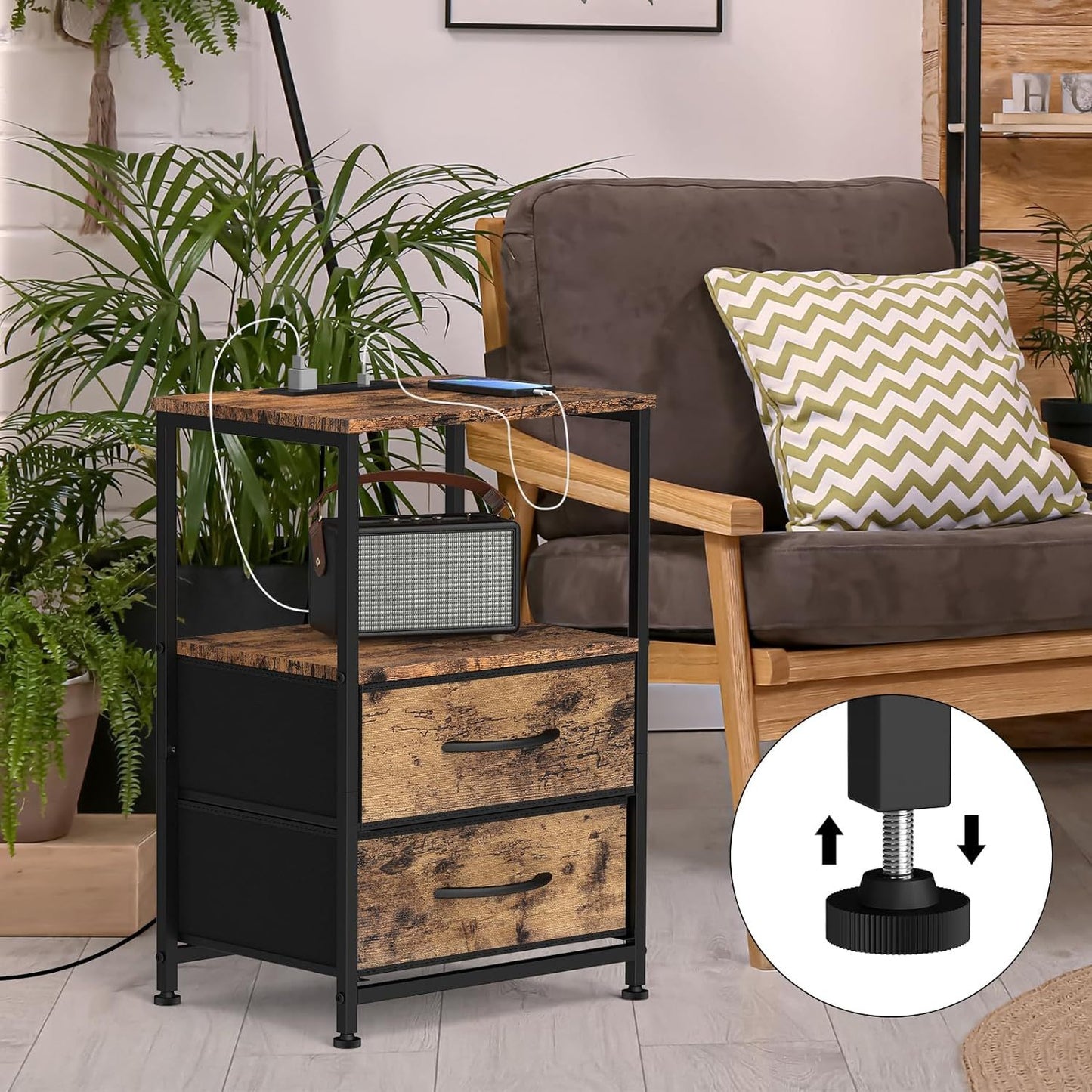 Set of 2 Nightstands, End Table with Charging Station,