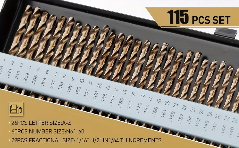 115pcs Cobalt Drill Bit Set Includes Metal Storage Case