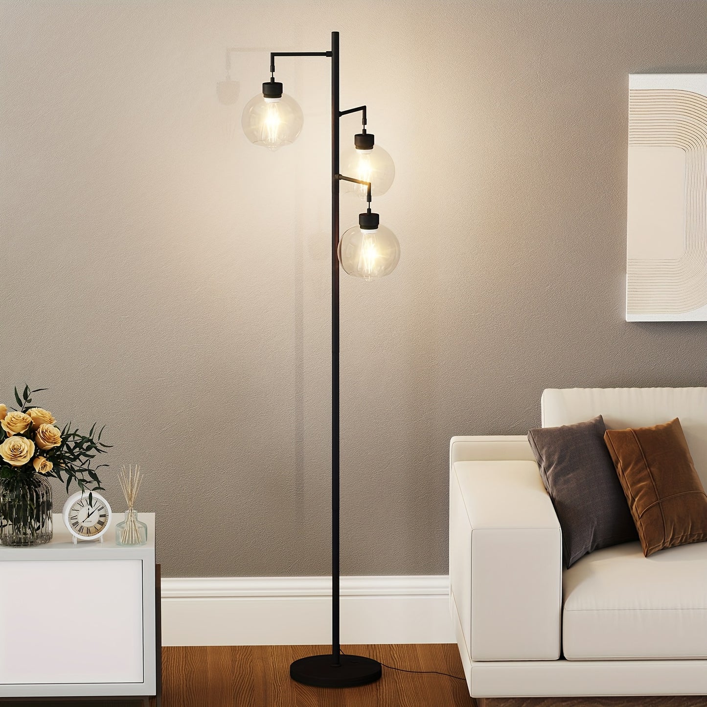 Elegant metal Floor Lamp with Warm Glass Pendant