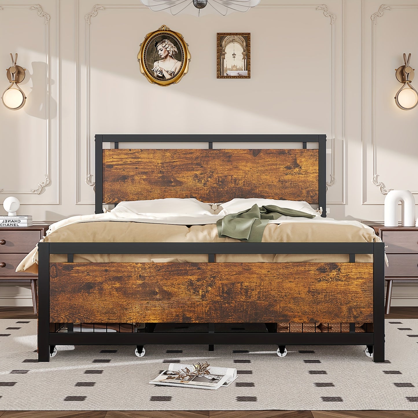 Queen Bed Frame with Wooden Headboard and Footboard