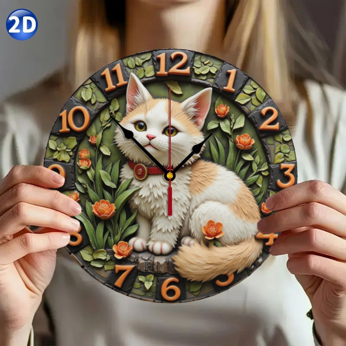 Adorable Kitten & Floral Motifs battery operated clock