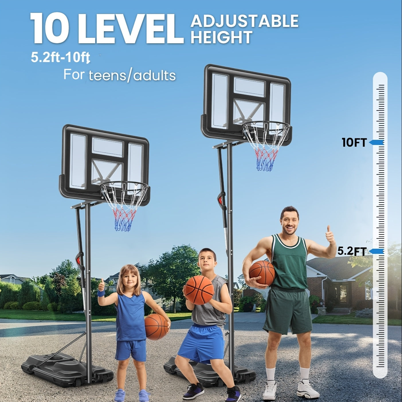 Portable Basketball Hoop Adjustable 5.2-10ft, 48" Shatterproof Backboard