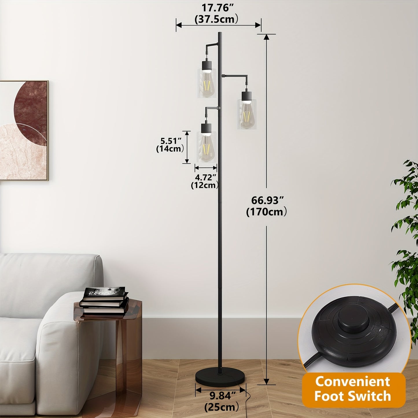 Elegant metal Floor Lamp with Warm Glass Pendant