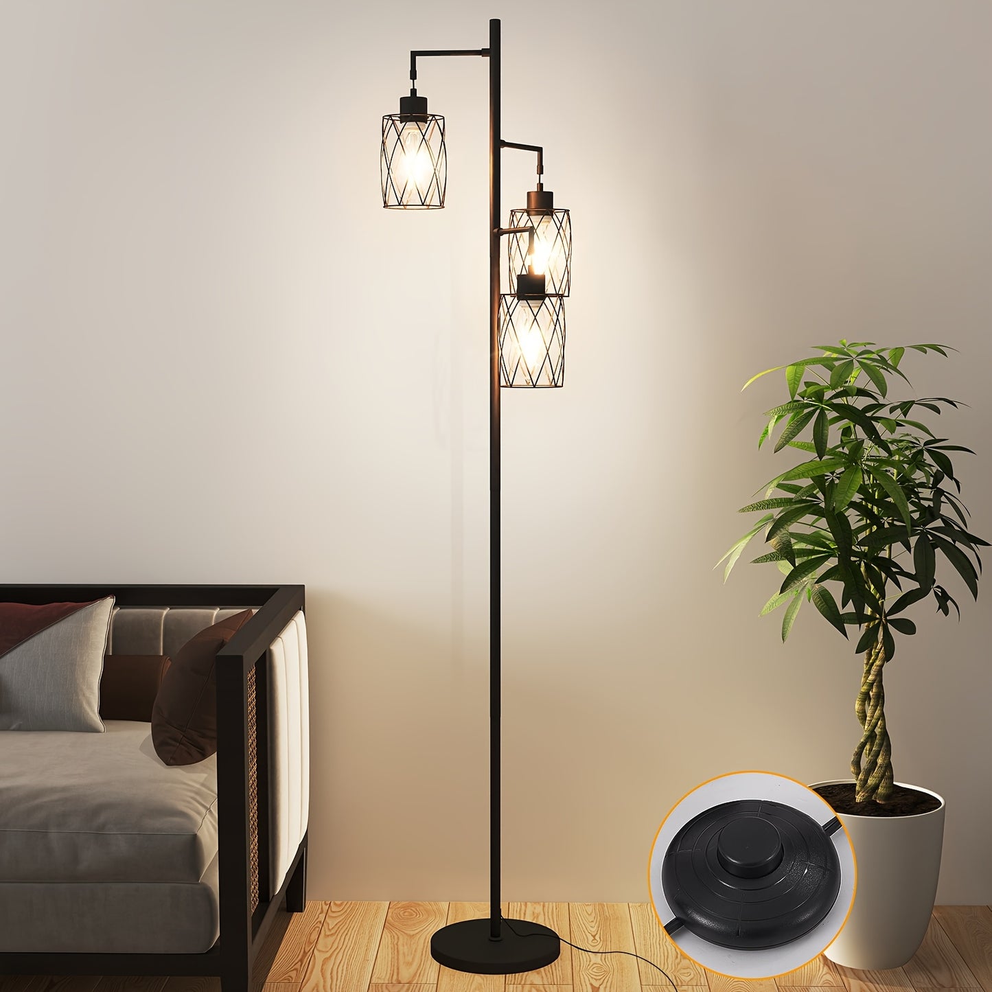 Elegant metal Floor Lamp with Warm Glass Pendant