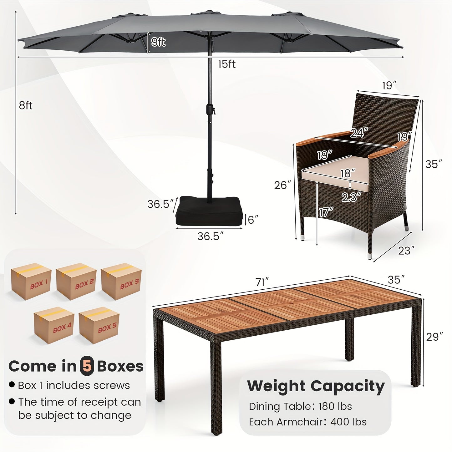 9 Piece Patio Wicker Dining Set w/ Umbrella,