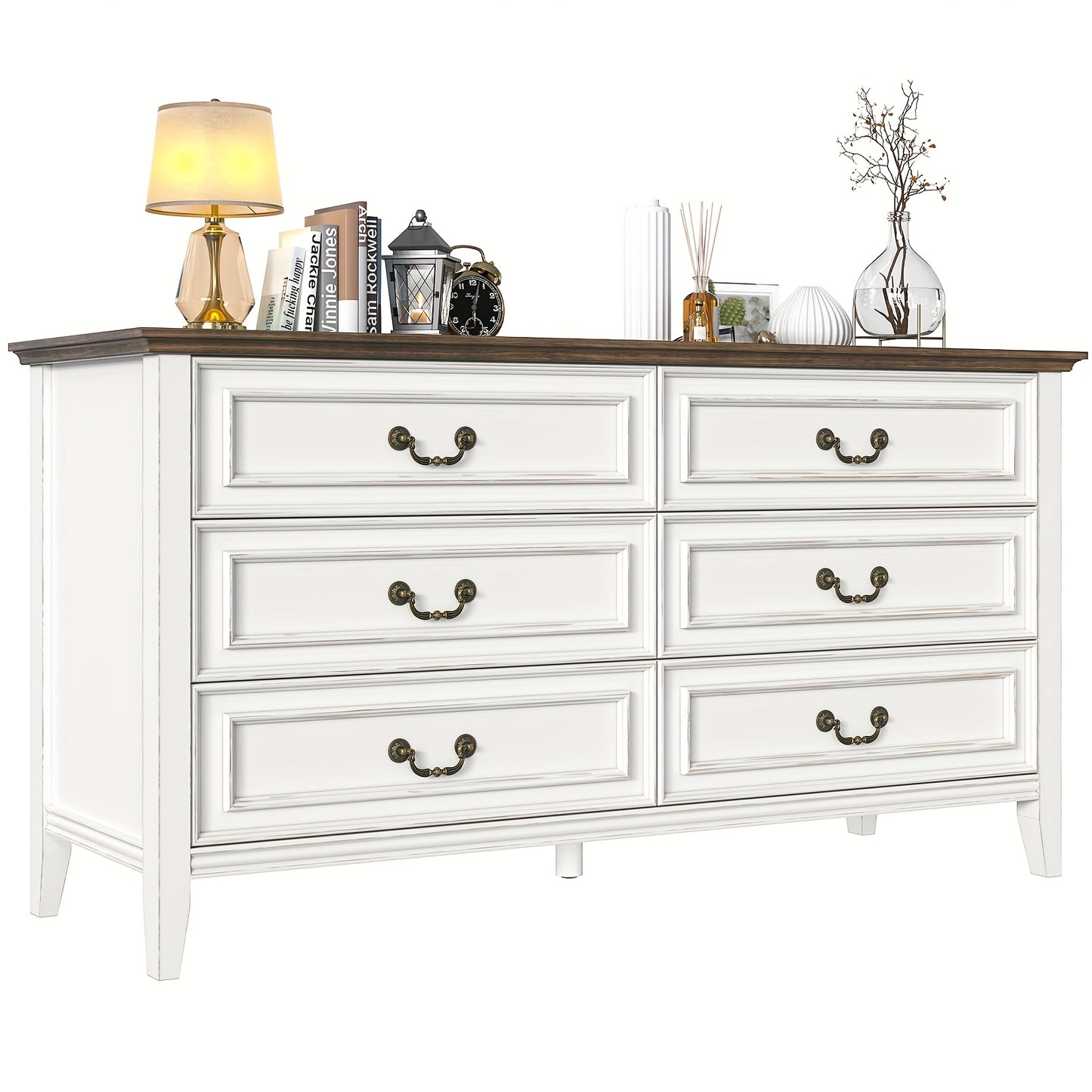 55" Vintage 6 Drawer Dresser Solid Wood Dressers