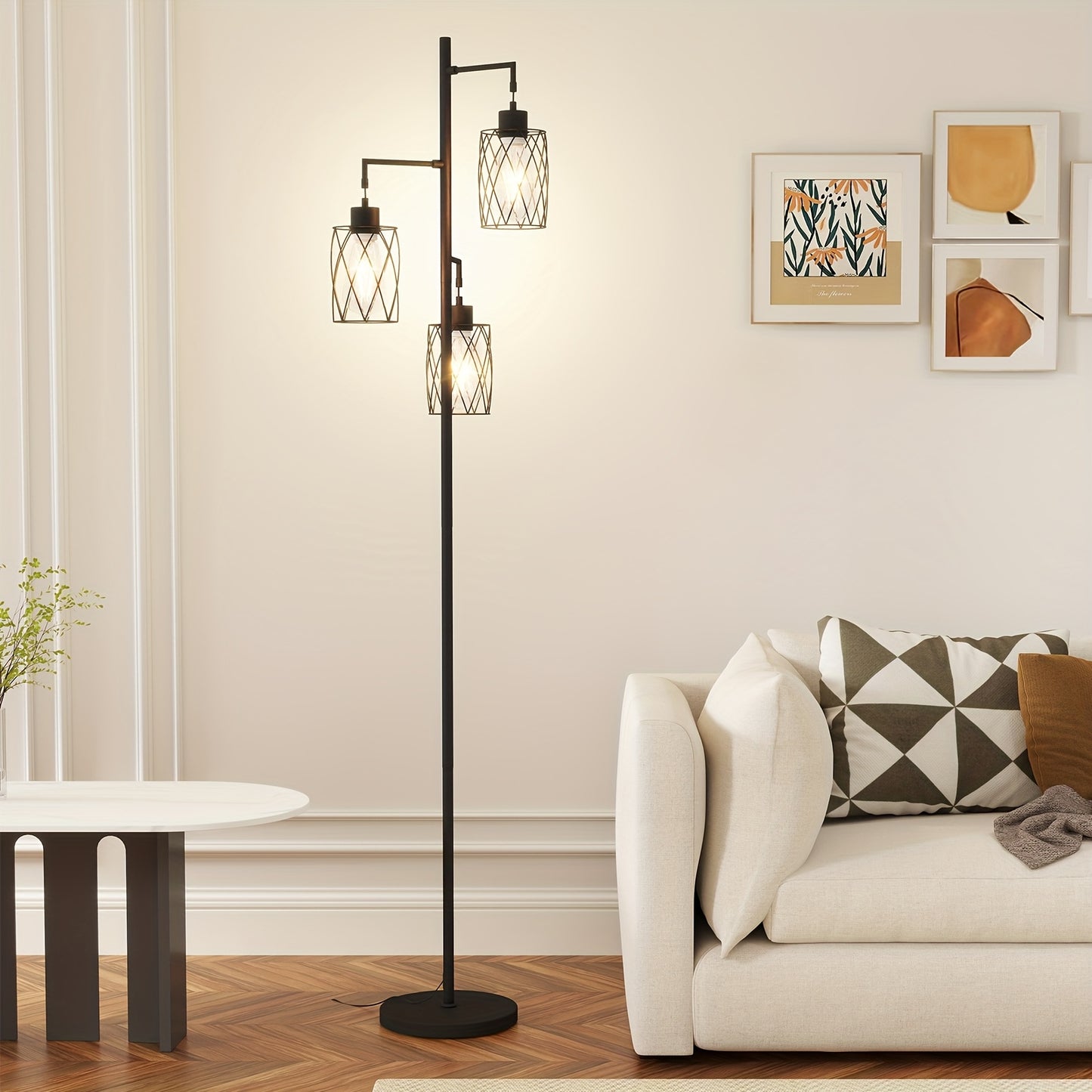 Elegant metal Floor Lamp with Warm Glass Pendant