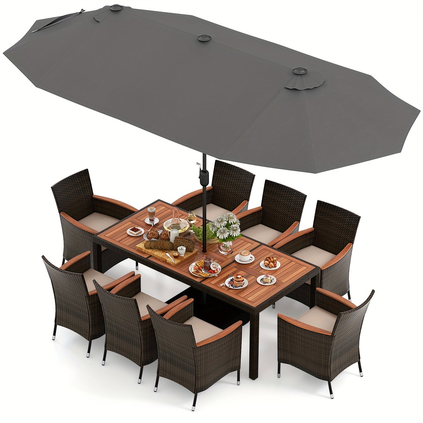 9 Piece Patio Wicker Dining Set w/ Umbrella,