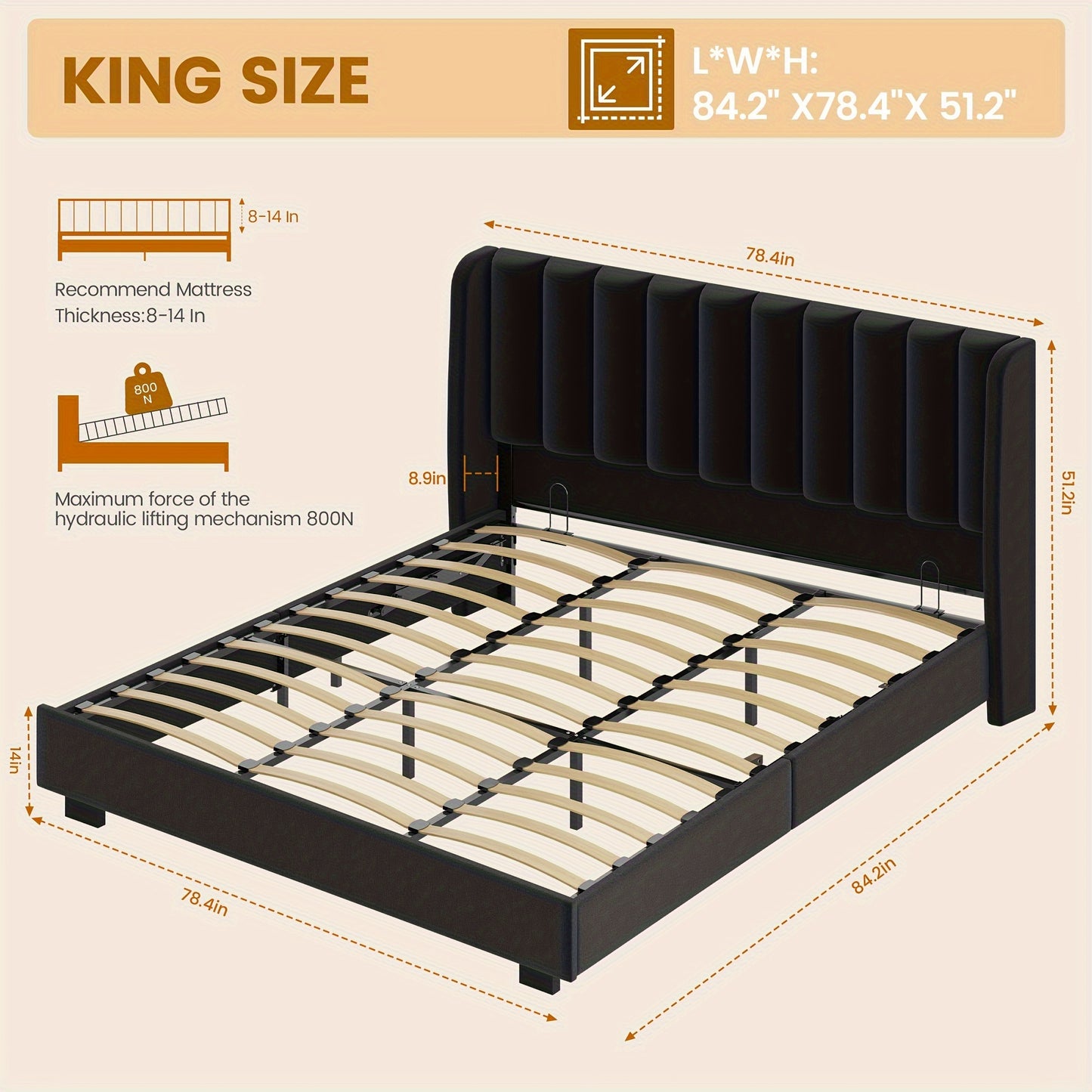 King Size Upholstered Lift Up Storage Bed Frame