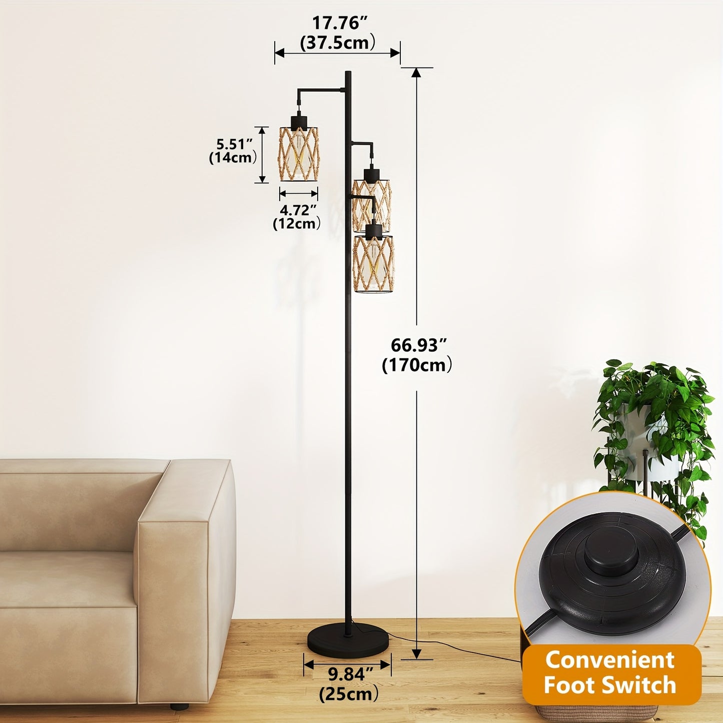 Elegant metal Floor Lamp with Warm Glass Pendant
